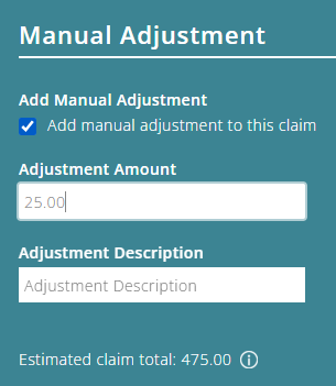 ExpensePlus screenshot of the Manual Adjustment screen, showing an adjustment of £25 reducing a claim from £500 to £475