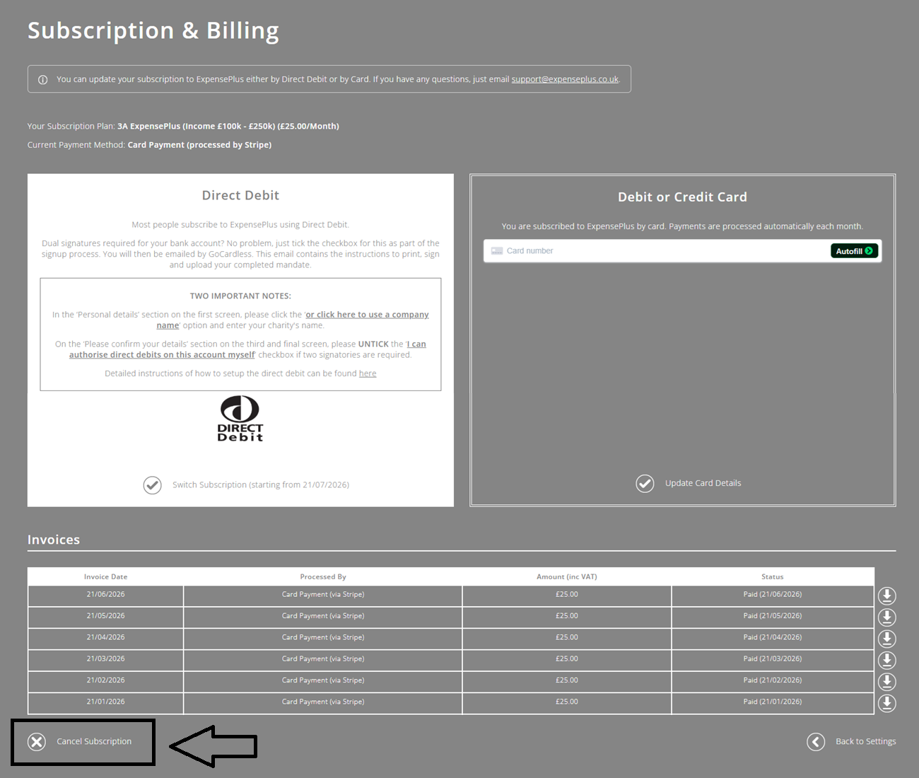 ExpensePlus screenshot of the Subscription & Billing screen, highlighting the 'Cancel Subscription' button