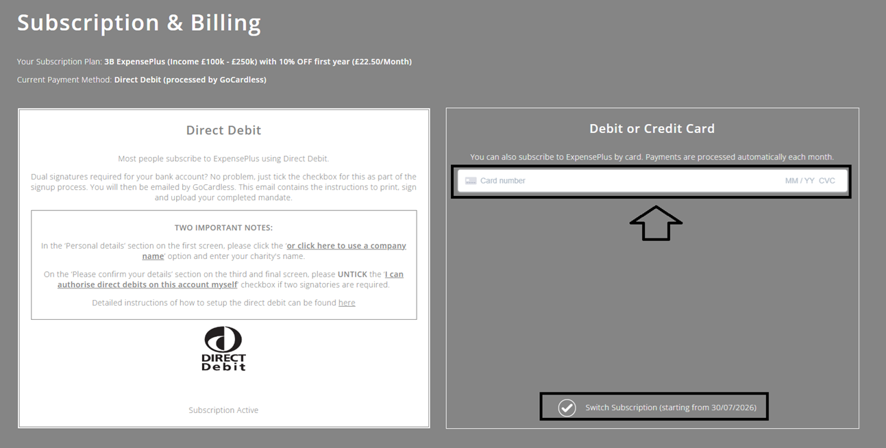 ExpensePlus screenshot of the Subscription & Billing screen, highlighting the boxes to update card details, or to add card details and switch to card payment
