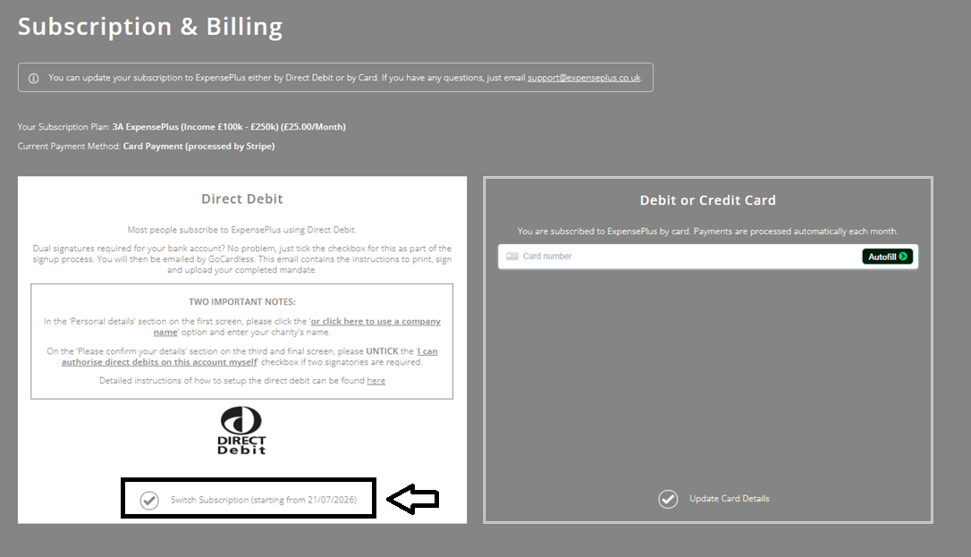 ExpensePlus screenshot of the Subscription & Billing screen, highlighting the boxes to switch to direct debit payment