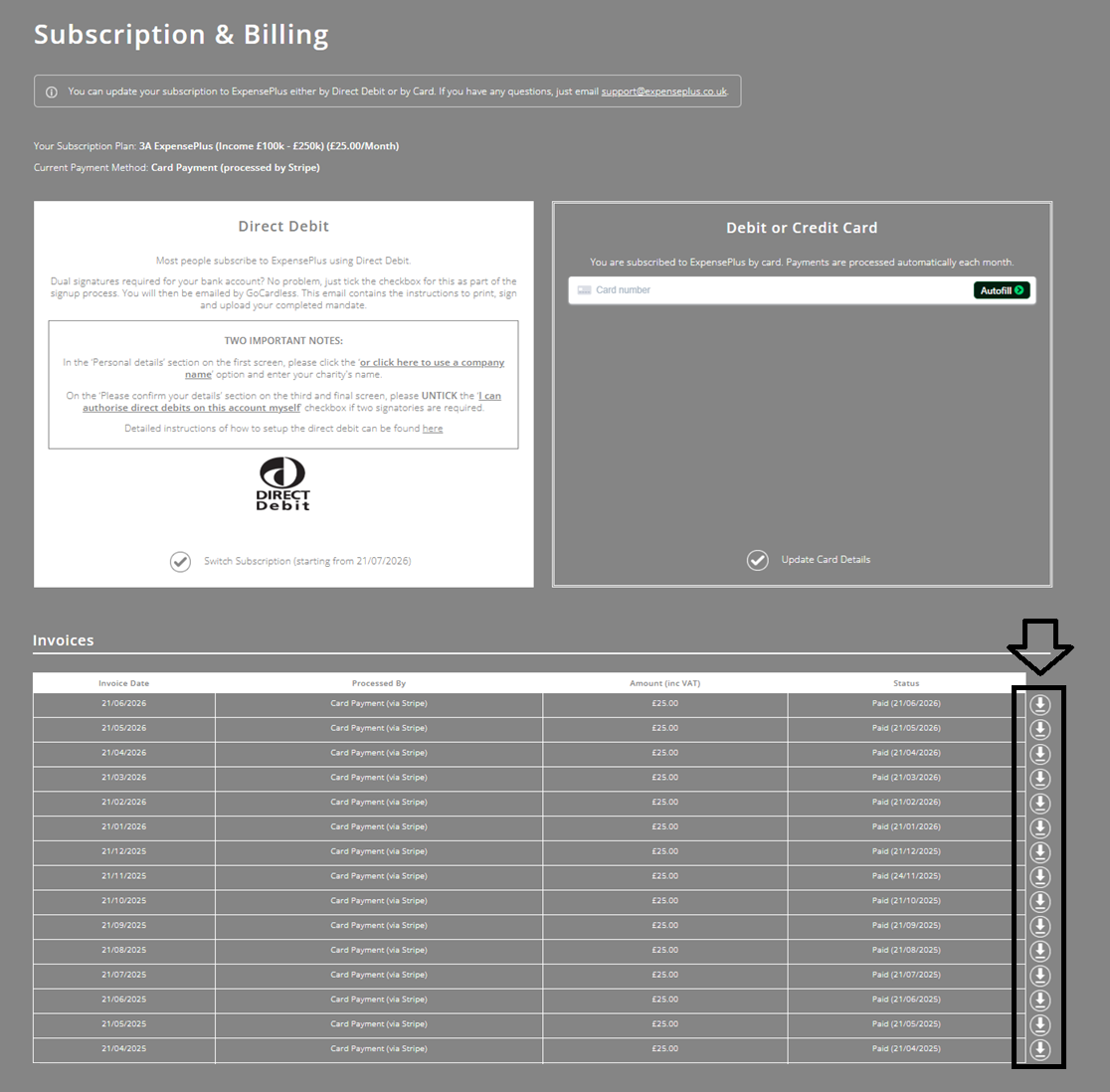 ExpensePlus screenshot of the Subscription & Billing screen, highlighting the