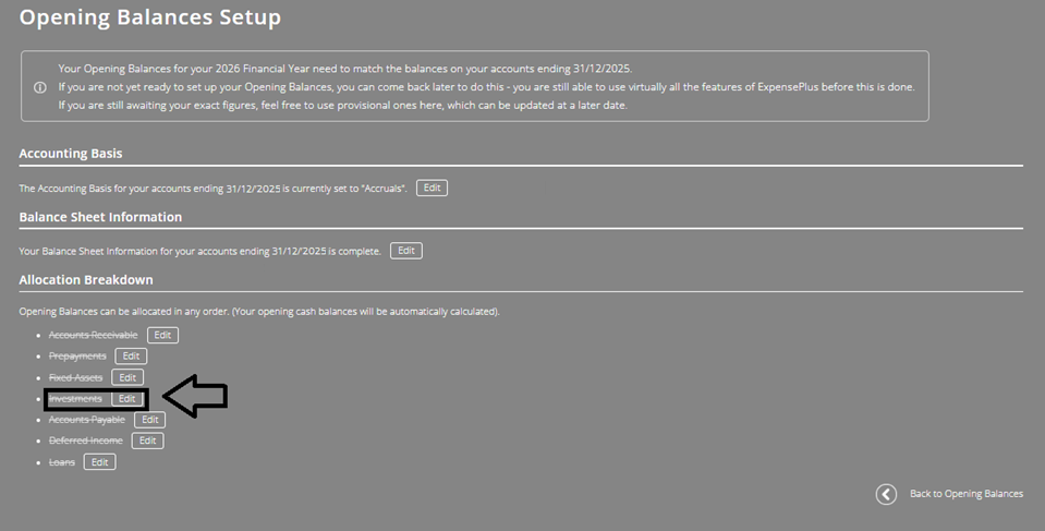 ExpensePlus screenshot of Opening balances setup screen, highlighting Investments