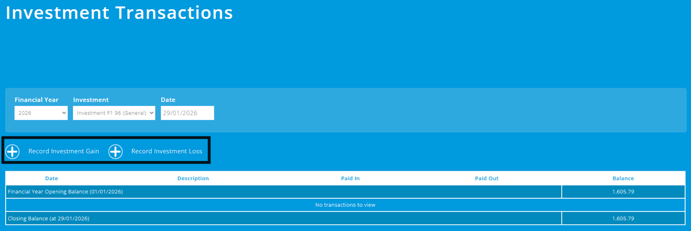 ExpensePlus screenshot of investments screen, highlighting where to record investment gains and losses