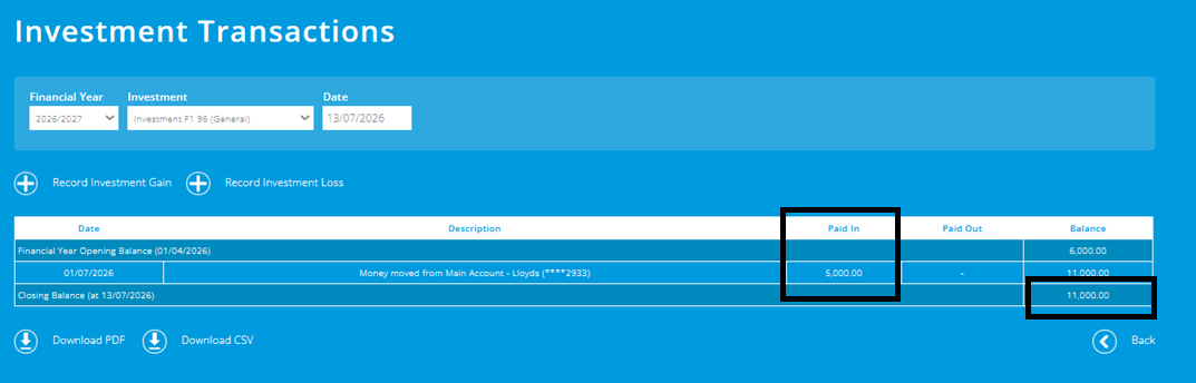 ExpensePlus screenshot of investment screen, highlighting a top-up payment and the new increased balance