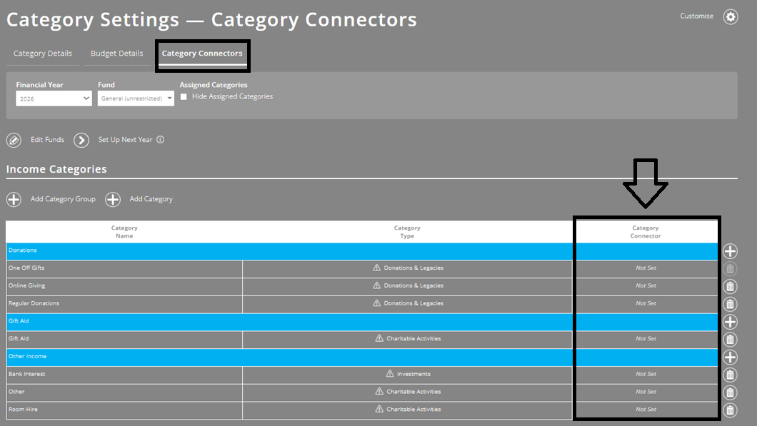 ExpensePlus screenshot of the Category Settings screen, highlighting the Category Connectors tab, and the Category Connector column