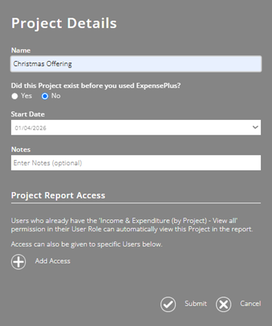 ExpensePlus screenshot of the Project Details pop-up