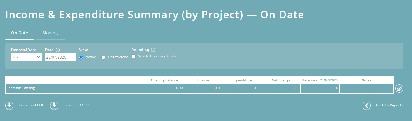 ExpensePlus screenshot of the Income & Expenditure Summary (by Project) report
