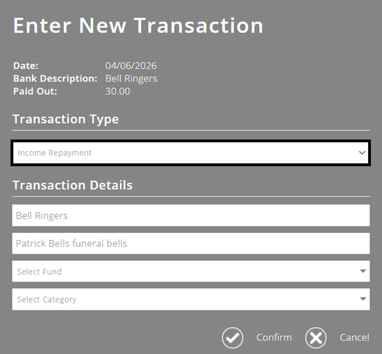 ExpensePlus Enter New Transaction screen highlighting the Income Repayment transaction type