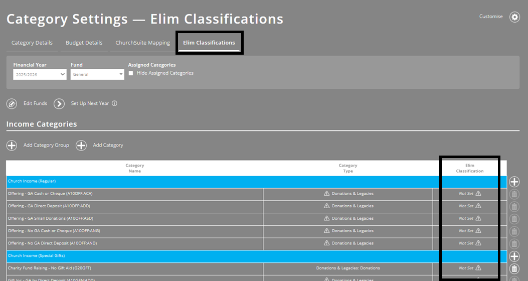 ExpensePlus Category Settings screen for Elim EFGA churches, highlighting the Elim Classifications tab and the column to assign them