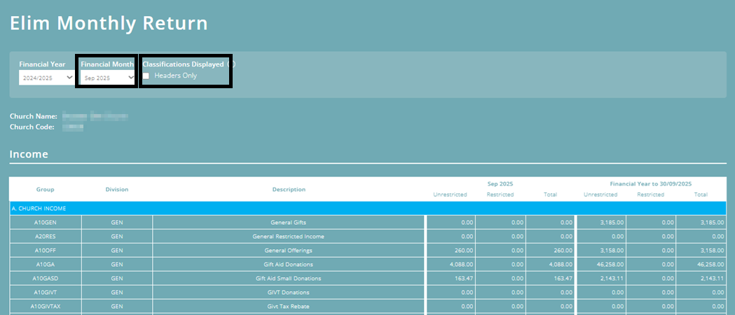ExpensePlus Elim Monthly Return screen. highlighting the Financial Month filter and the option to change the Classifications Displayed