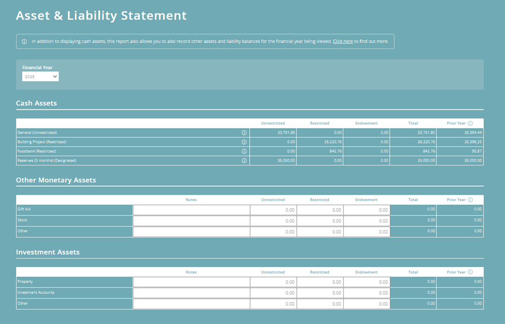 ExpensePlus Asset & Liability Statement screen