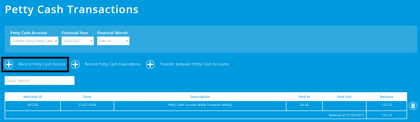 ExpensePlus Transactions screen, highlighting the 'Record Petty Cash Income' button