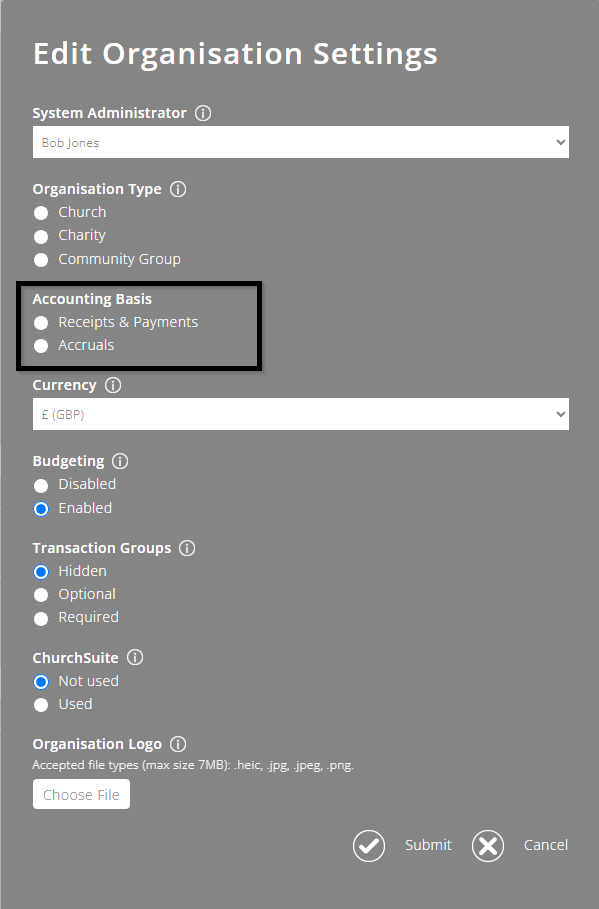 ExpensePlus screenshot showing the edit organisation settings pop-up where you can set your accounting basis.