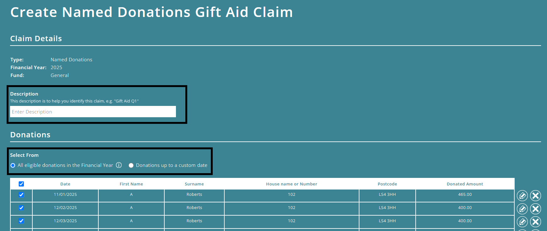 ExpensePlus Gift Aid claim screen