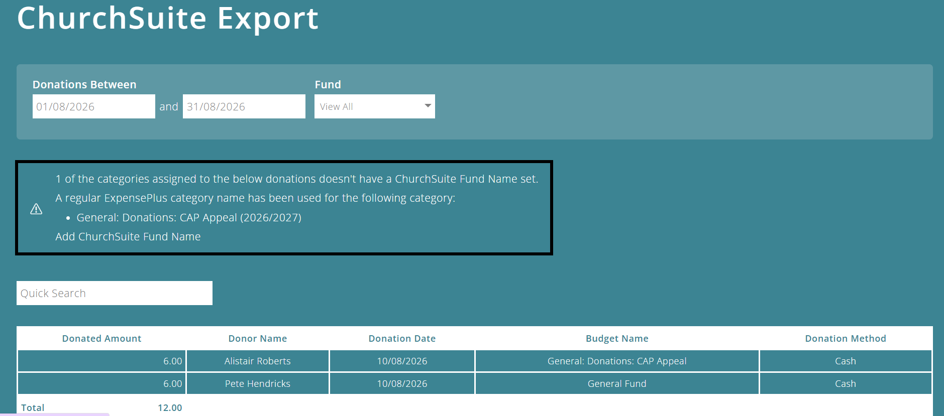 ExpensePlus screenshot of the ChurchSuite Export screen, highlighting the warning stating some donation categories aren't correctly mapped to ChurchSuite