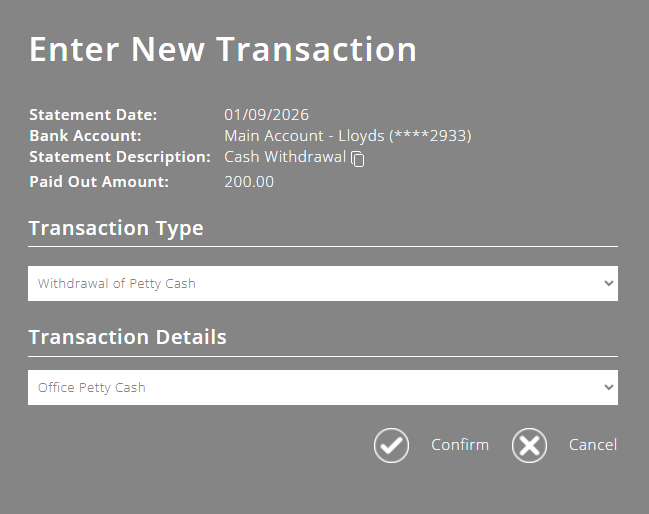 ExpensePlus screen shot of matching a paid out transaction from a current account, highlighting the transaction type 'Withdrawal of Petty Cash'