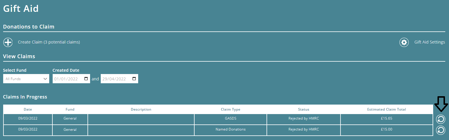 ExpensePlus Gift Aid screen, highlighting the 'update claim status' button
