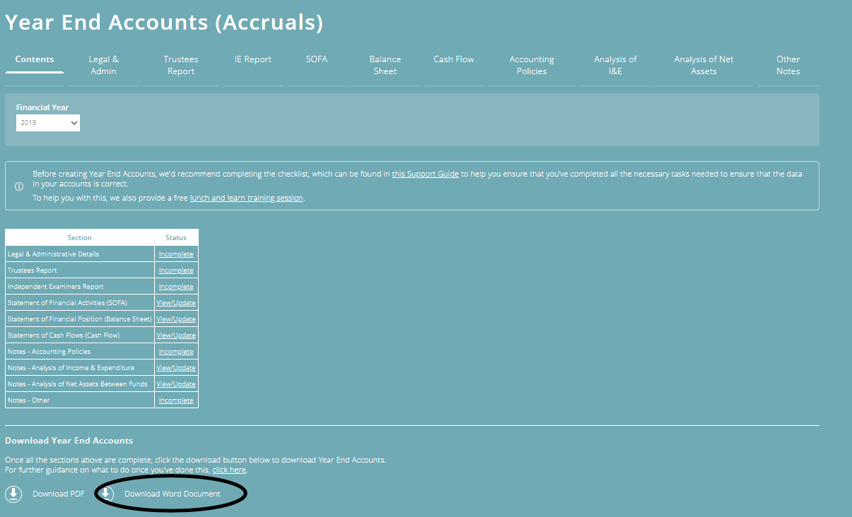 ExpensePlus screenshot of year end accounts screen with download word document at the bottom highlighted