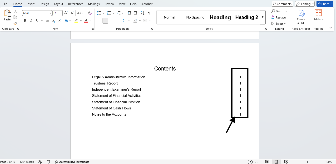 Screenshot of year end accounts file in Microsoft word
