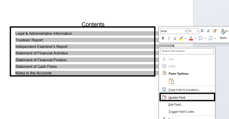 Screenshot of year end accounts file in Microsoft word and word function to edit page numbers