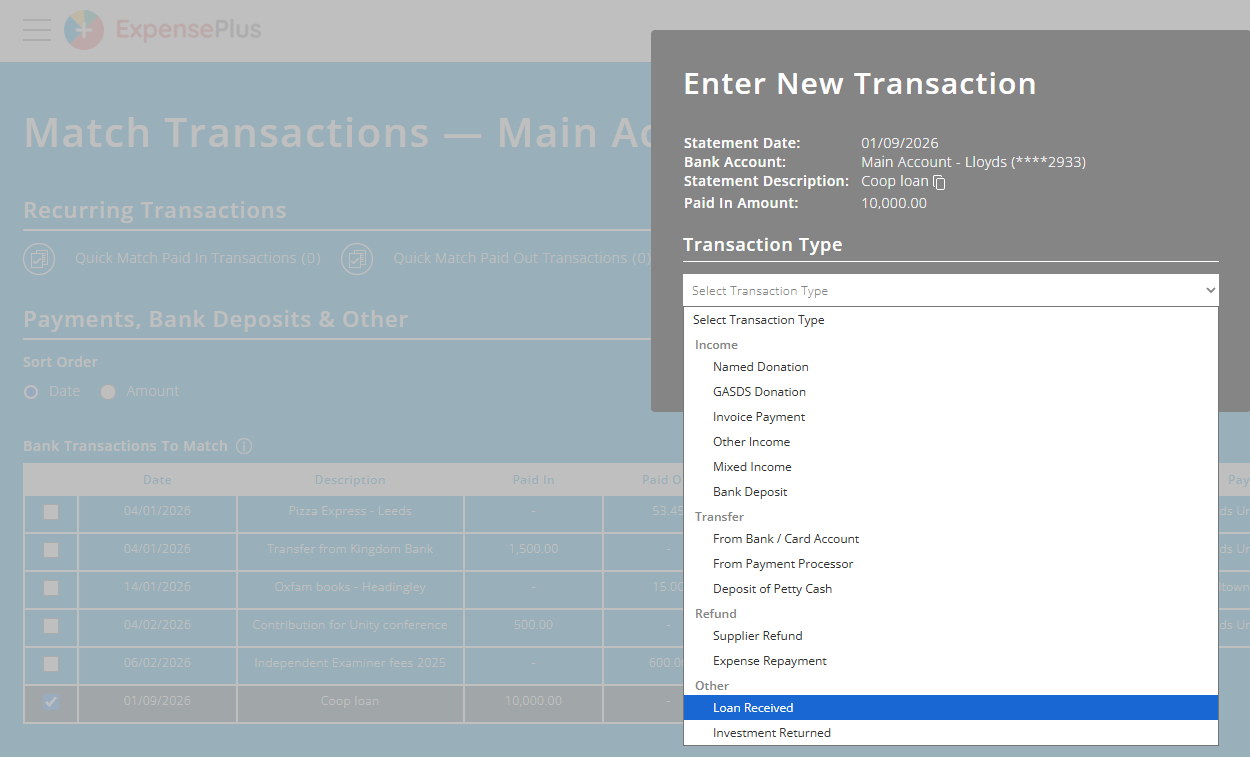 ExpensePlus screenshot of transaction type popup on bank reconciliation screen