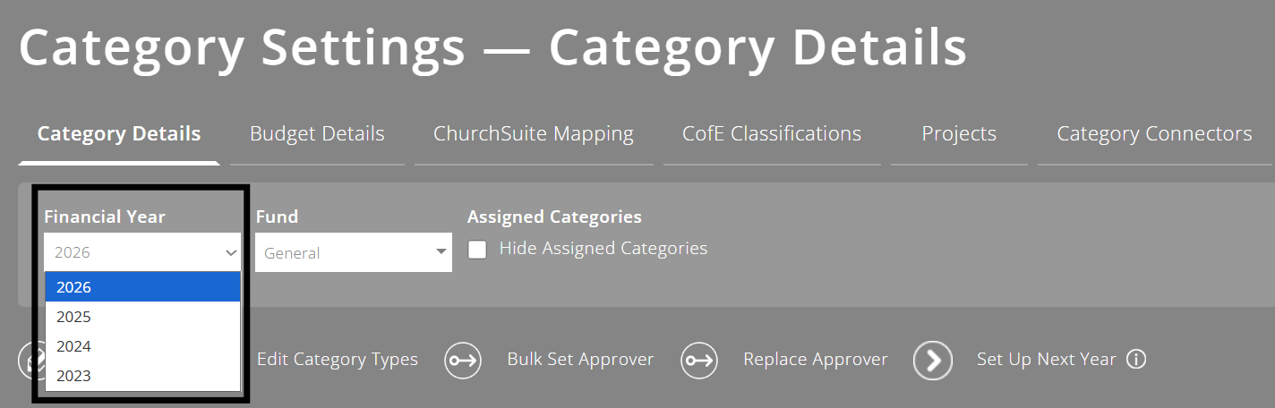 ExpensePlus screenshot of category settings screen highlighting the year drop-down menu