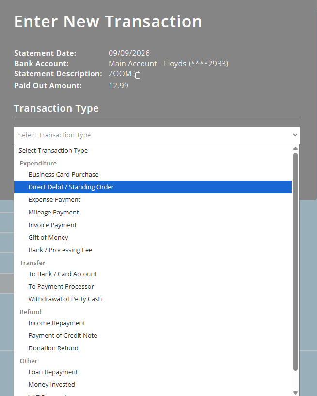 ExpensePlus screenshot of bank matching screen with new transaction popup