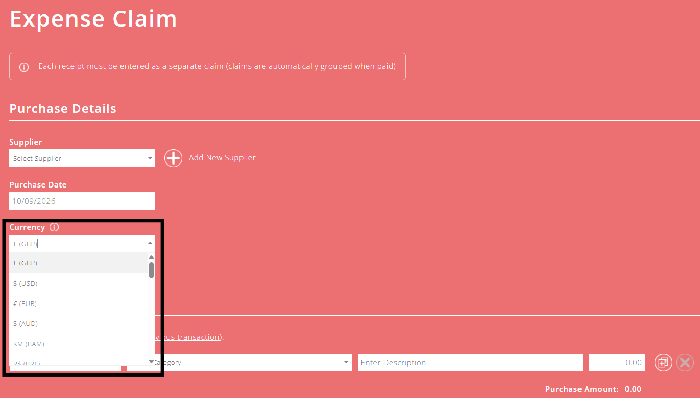 ExpensePlus Expense Claim screen highlighting the currency drop down menu