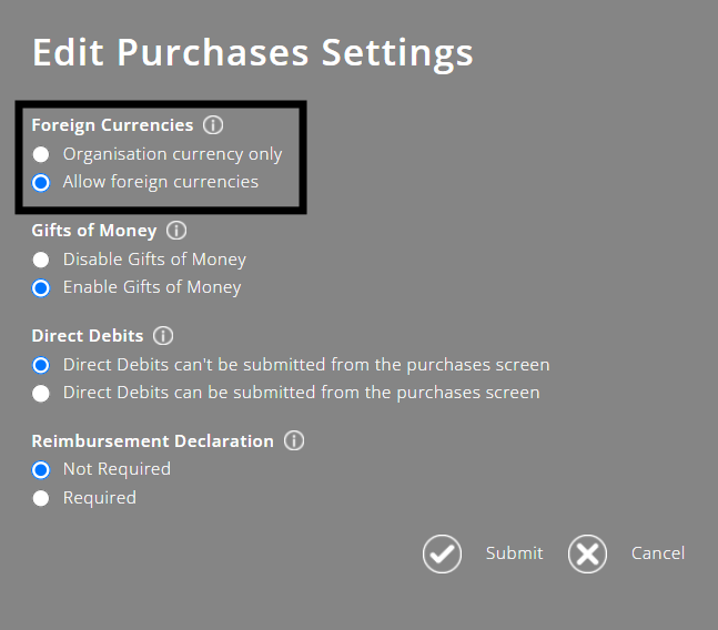 ExpensePlus Edit Purchases Settings screen highlighting the Foreign Currencies section