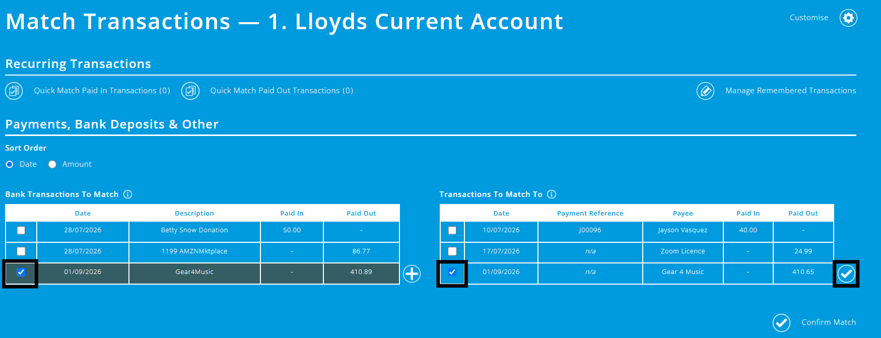 ExpensePlus Match Transactions screen