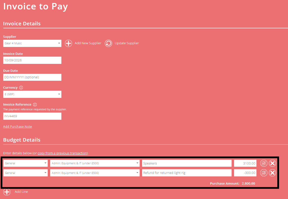 ExpensePlus invoice to pay screen showing the example detailed above