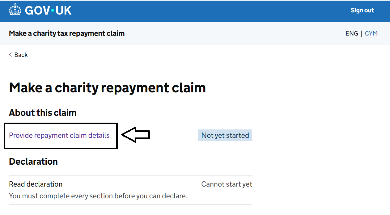 HMRC website screenshot highlighting steps above