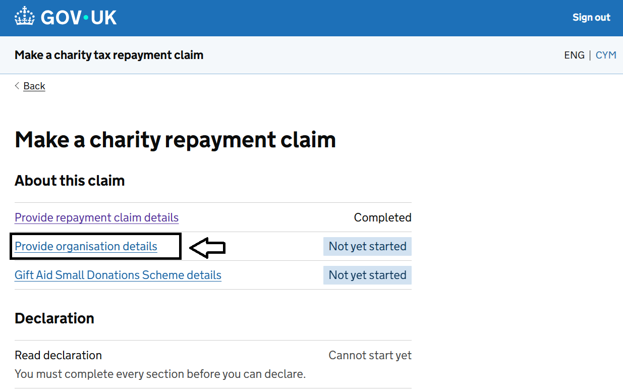 HMRC website screenshot highlighting steps above