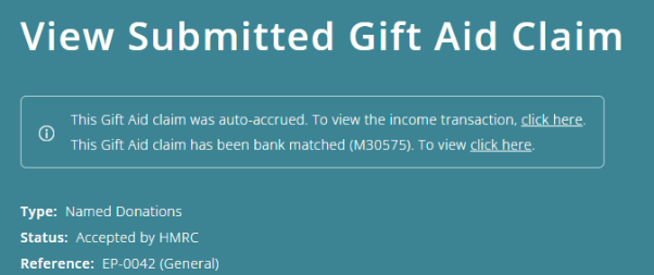 ExpensePlus screenshot of a submitted Gift Aid Claim