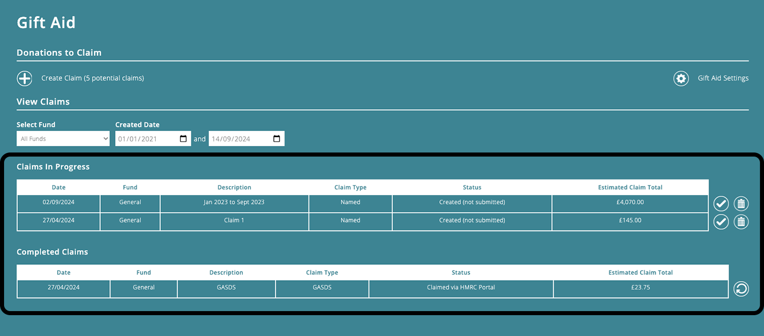 ExpensePlus Gift Aid screen