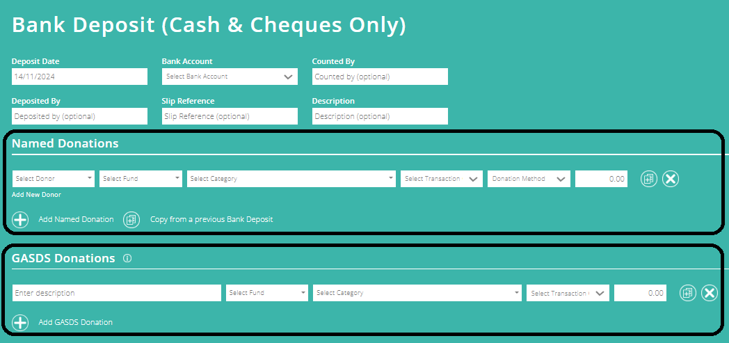 ExpensePlus screenshot of the Bank Deposit screen, with 'Named Donations' and 'GASDS Donations' highlighted.