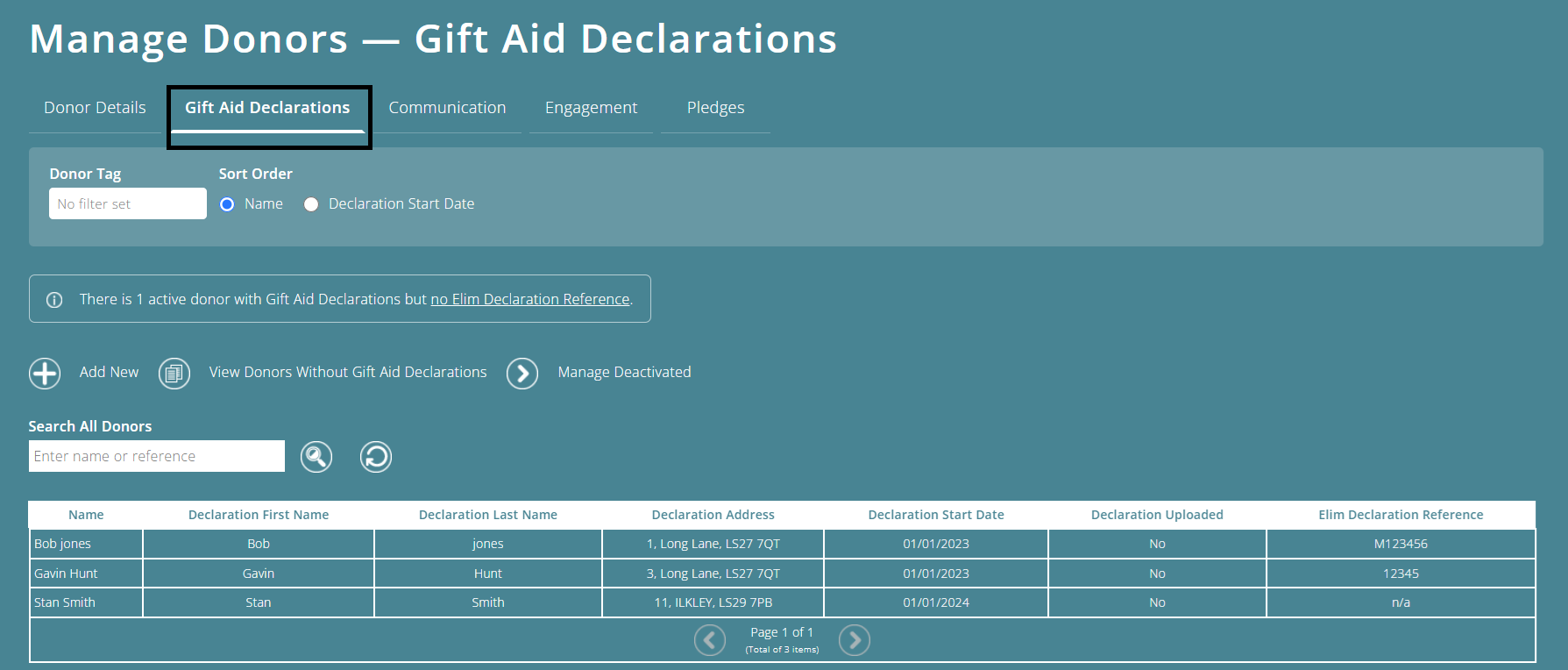 ExpensePlus Manage Donors - Gift Aid Declarations screen, highlighting the 'Gift Aid Declarations' tab