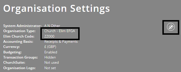 ExpensePlus Organisation Settings screen, highlighting the organisation type, Elim church code, and the edit button
