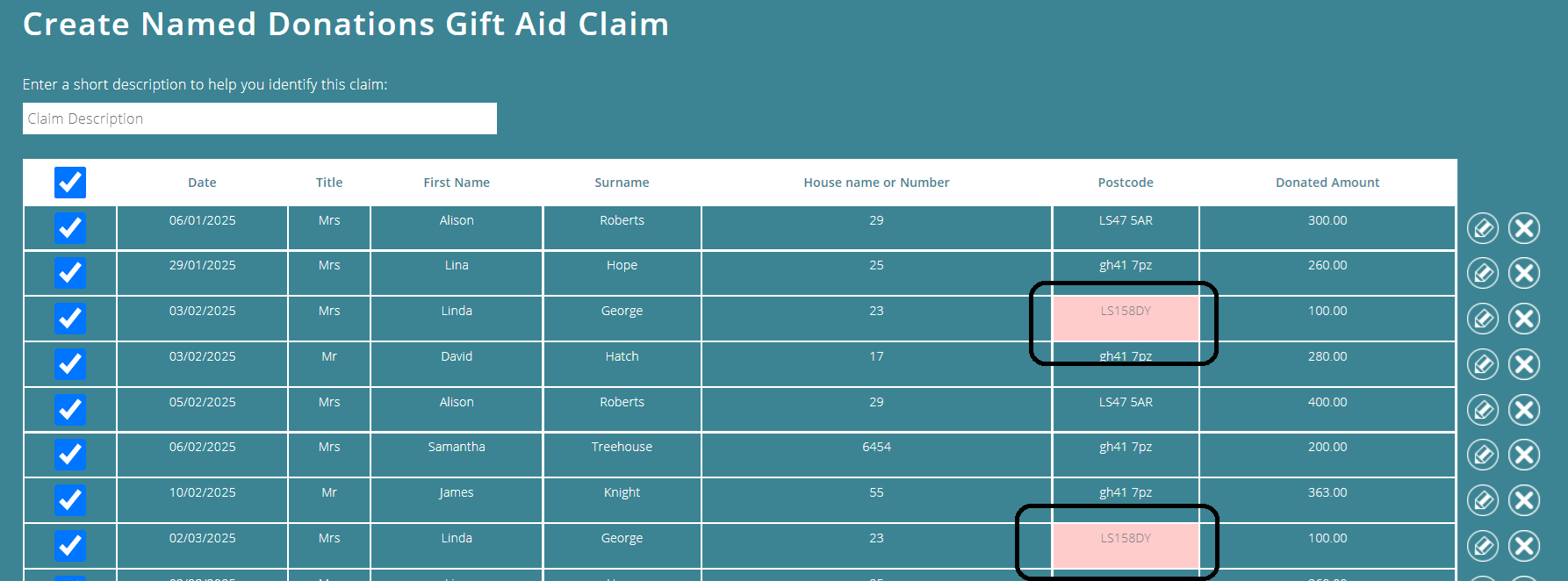 ExpensePlus Create Named Donations Gift Aid Claim screen highlighting postcodes with errors
