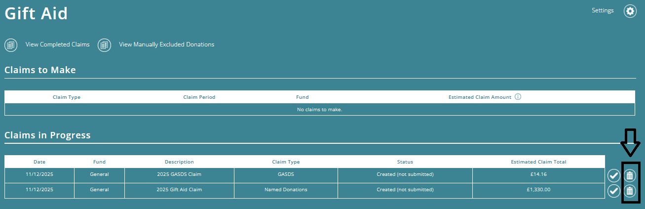 ExpensePlus Gift Aid screen highlighting the Delete button next to any Claims in Progress