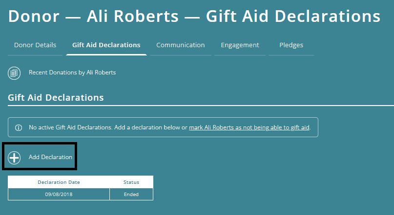 ExpensePlus donor screen, highlighting the Add Declaration button