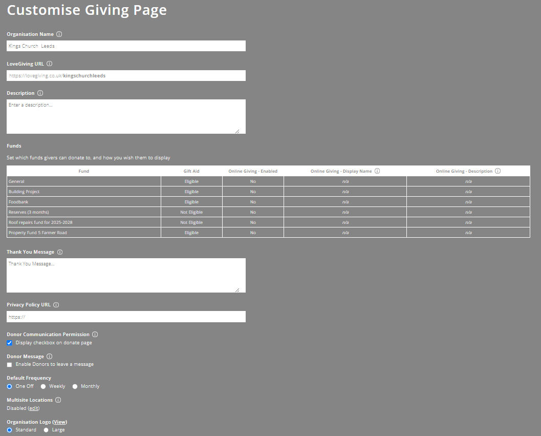 ExpensePlus LoveGiving Settings screen