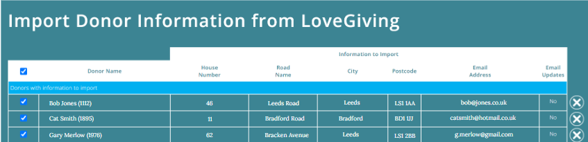 ExpensePlus 'Import Donor Information from LoveGiving' screen