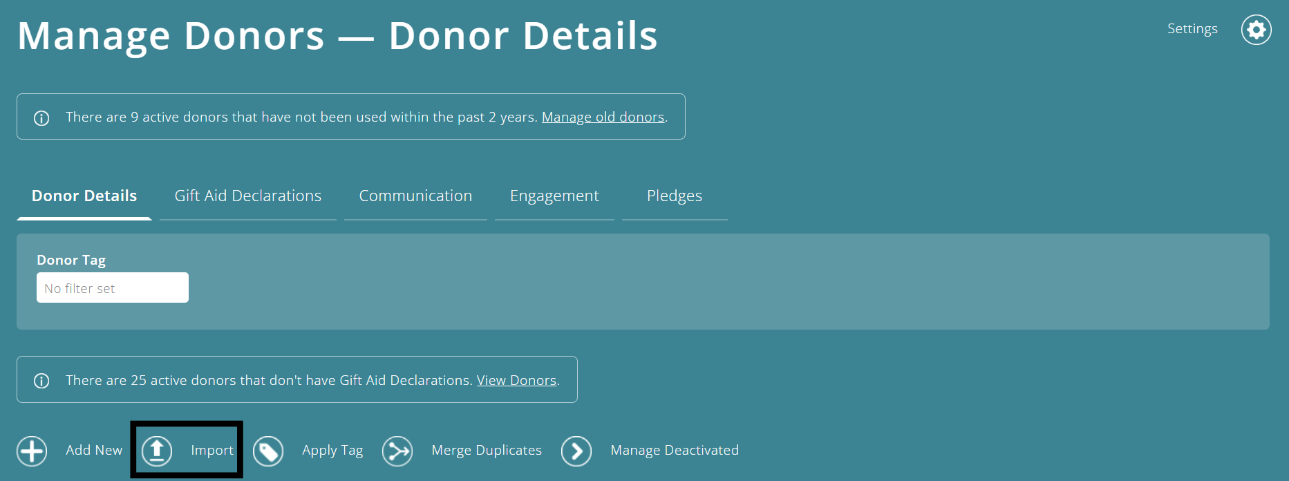 ExpensePlus Manage Donors screen highlighting the Import icon