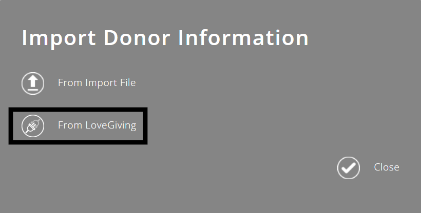 ExpensePlus Import Donor Information popup highlighting the From LoveGiving icon