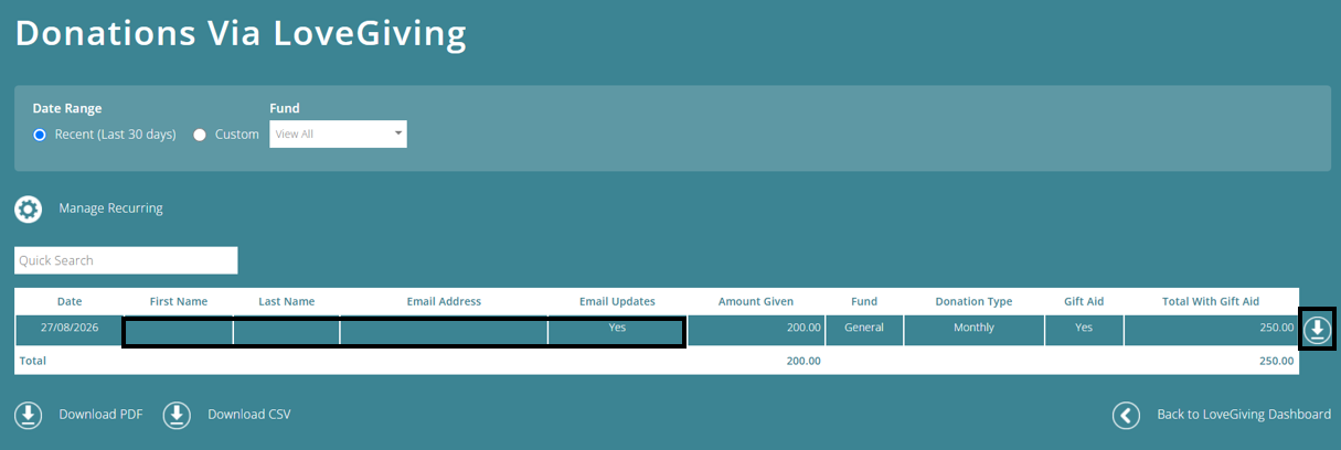 ExpensePlus Donations Via LoveGiving screen, highlighting the donor detail fields described above and the download button mentioned above
