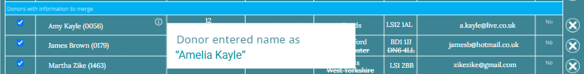 ExpensePlus screenshot of the import donor screen with the info icon hover over where the donor name doesn't match