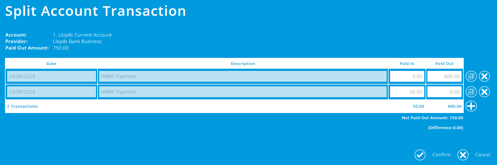 ExpensePlus screenshot of the split transaction screen, showing the paid out amount split into two transactions, one paid out and one paid in