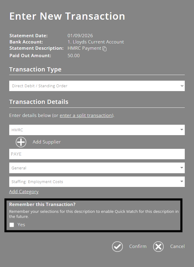 ExpensePlus Enter New Transaction pop up highlighting the remember this transaction section