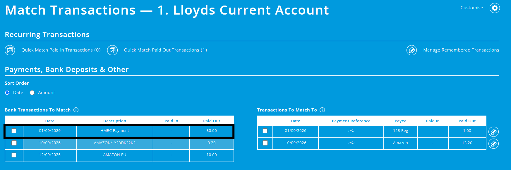 ExpensePlus Match Transactions screen highlighting the second payment taken